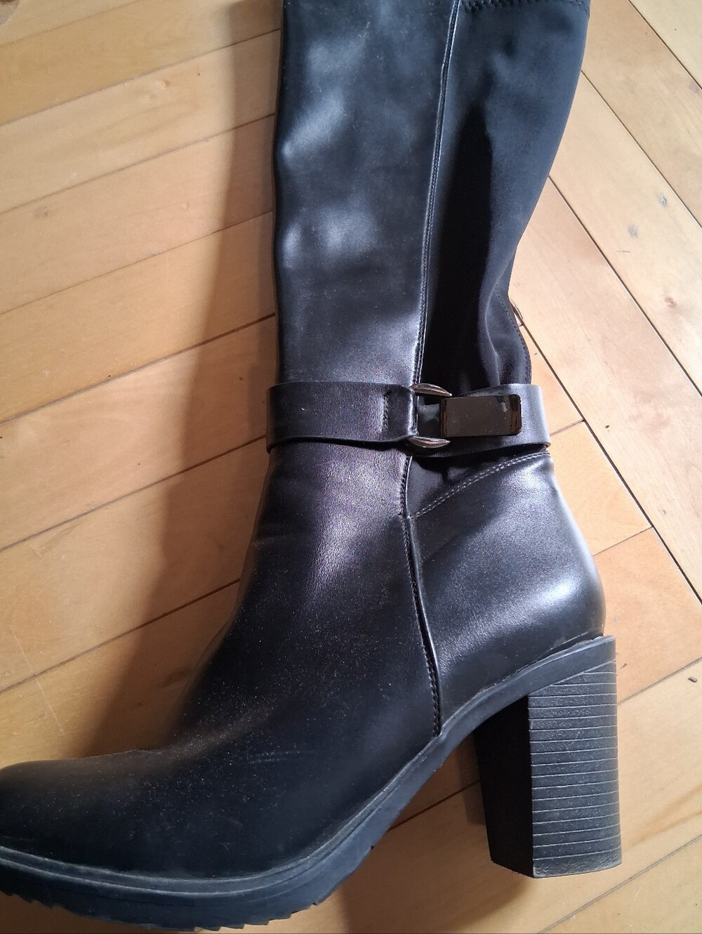 Reflex Black Mid-Calf Block Heel Boots with Strap Accent